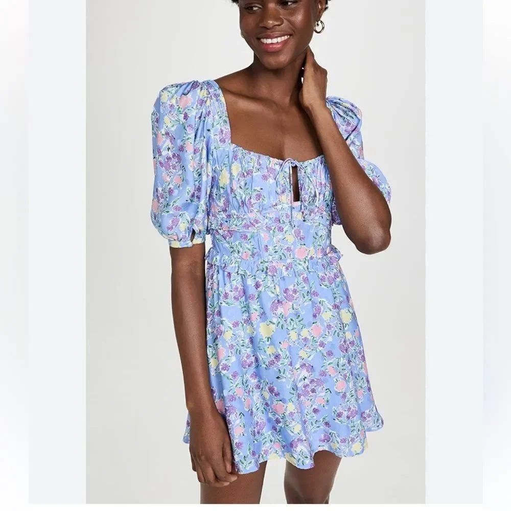 Love & Lemons Charlene Puff Sleeve Mini Dress in blue floral print